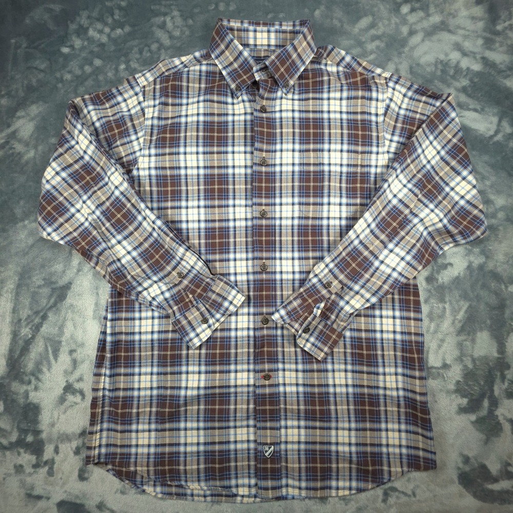 Cremieux Classics Mens Medium Plaid Button Down Shirt Brown Blue Cotton L/S
